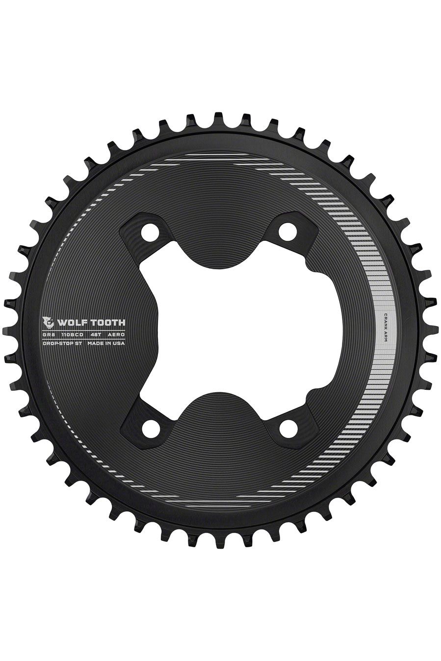 Wolf Tooth Aero 110 Asymmetric BCD Chainring - 48t, 110 Asymmetric BCD, 4-Bolt, Drop-Stop ST, For Shimano GRX 800 Series, Black